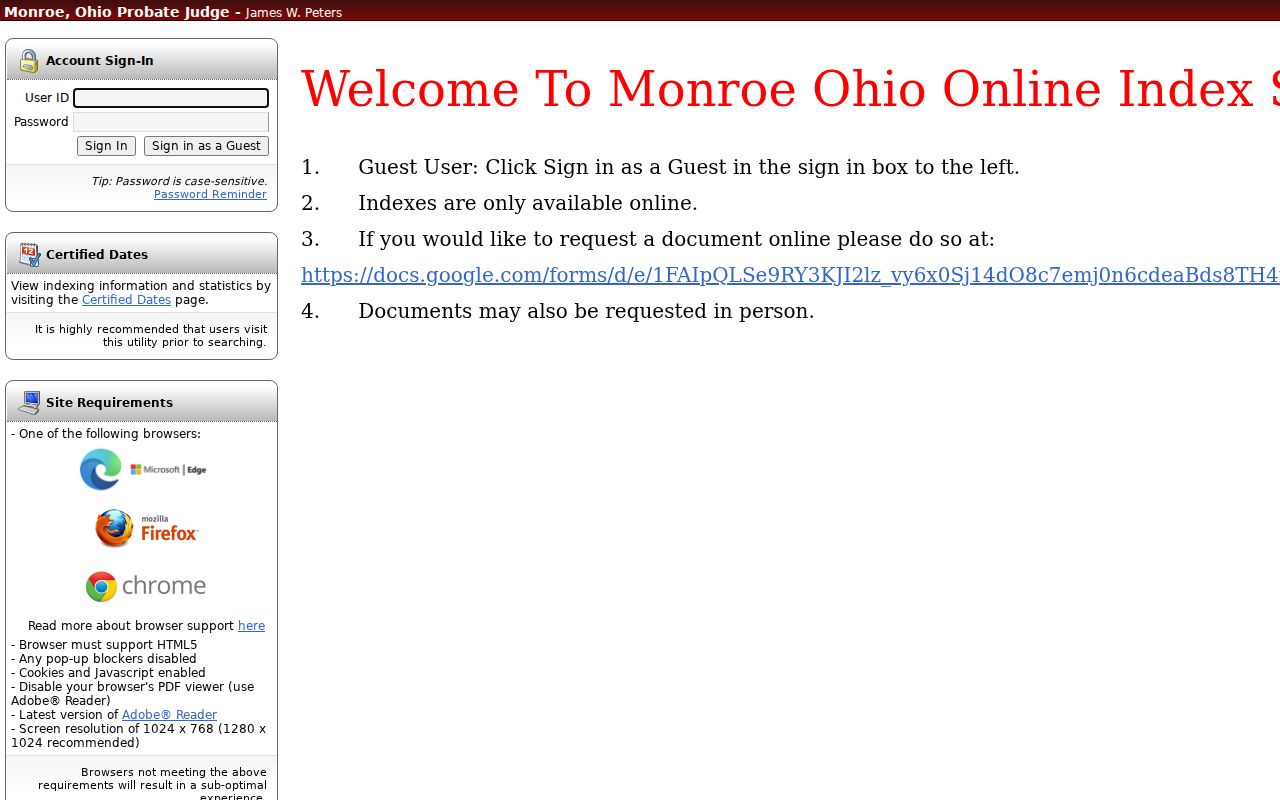 Monroe County case search Probate historic index