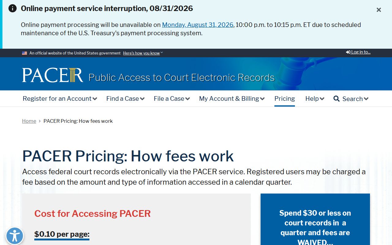 Clarington court docket image of official PACER federal record pricing