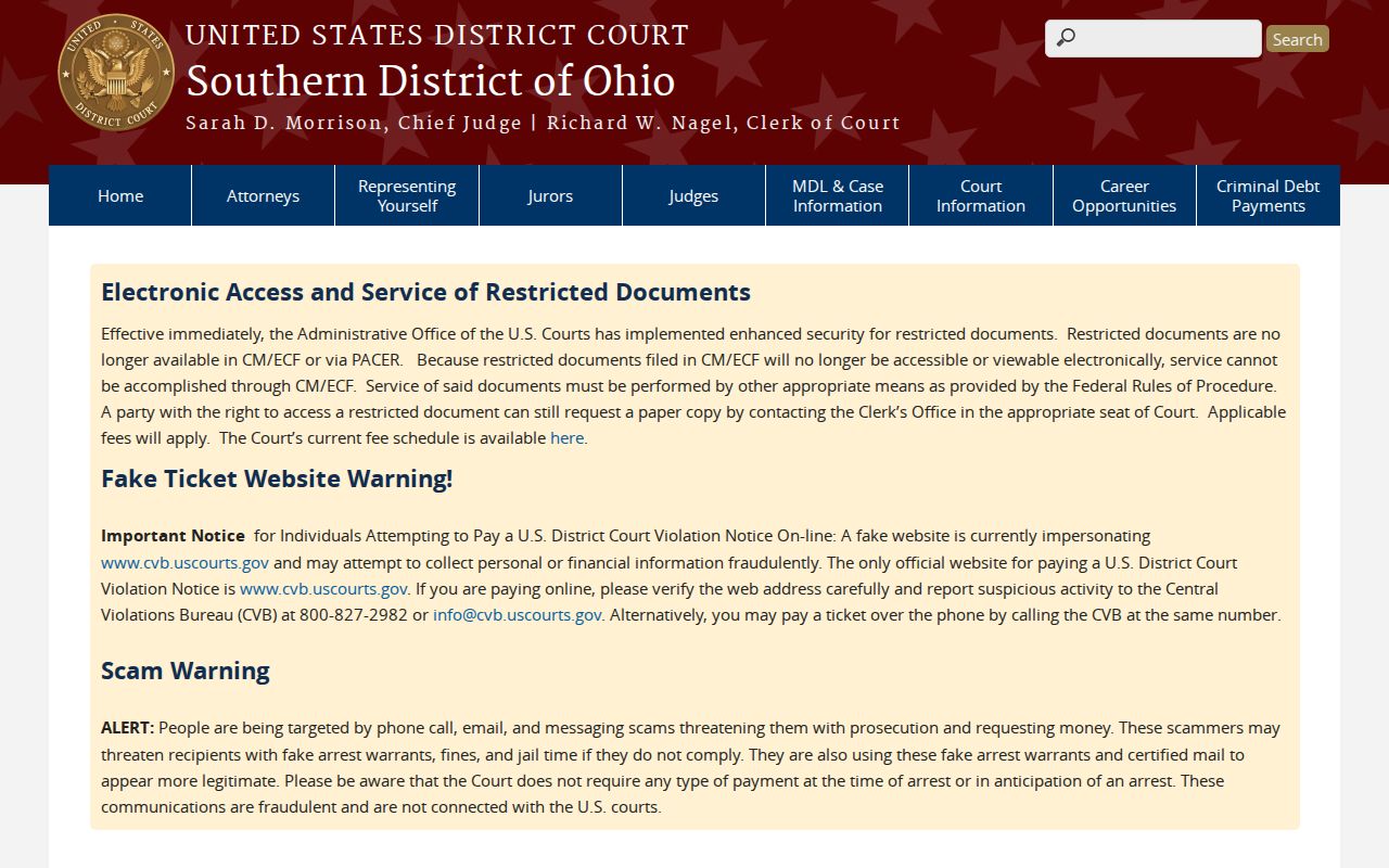 Clarington court docket image of the Southern District of Ohio federal court