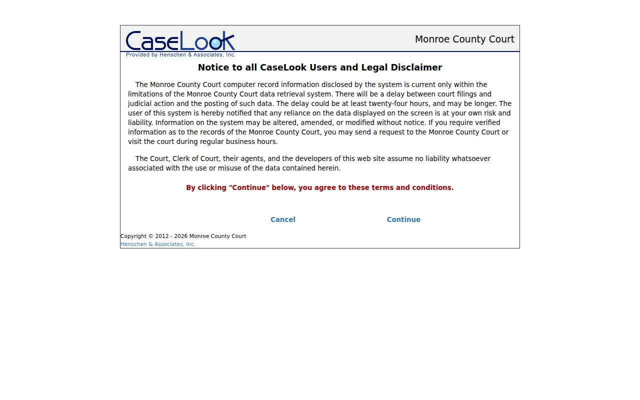Monroe County court calendar CaseLook delay notice