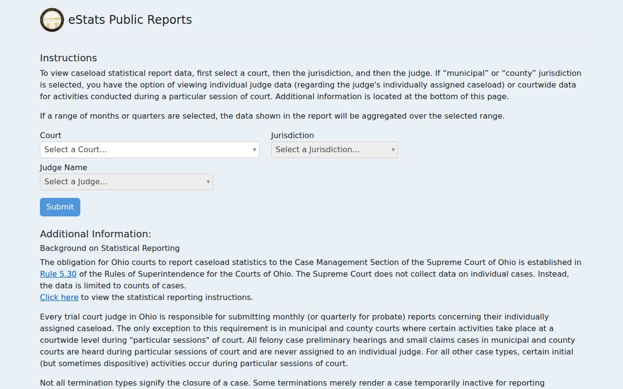 Monroe County court calendar Ohio eStats search