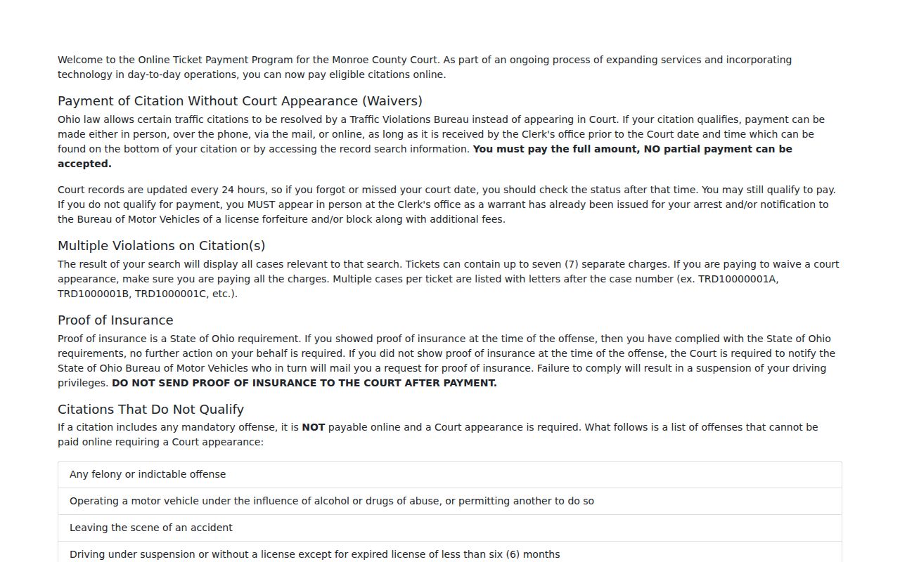 Monroe County traffic court records County Court payment lookup